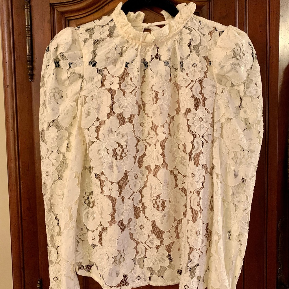 Catherine Malandrino high neck flower appliqué long-sleeve blouse.